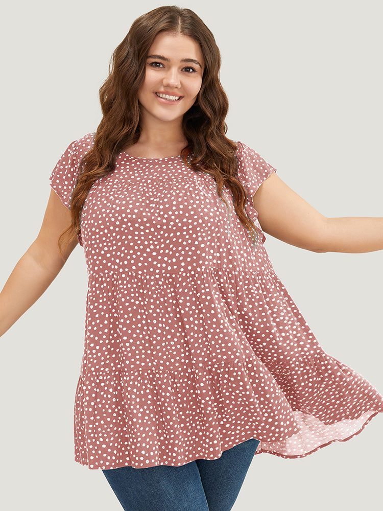 Allover Print Cap Sleeve Ruffle Hem Gathered Blouse