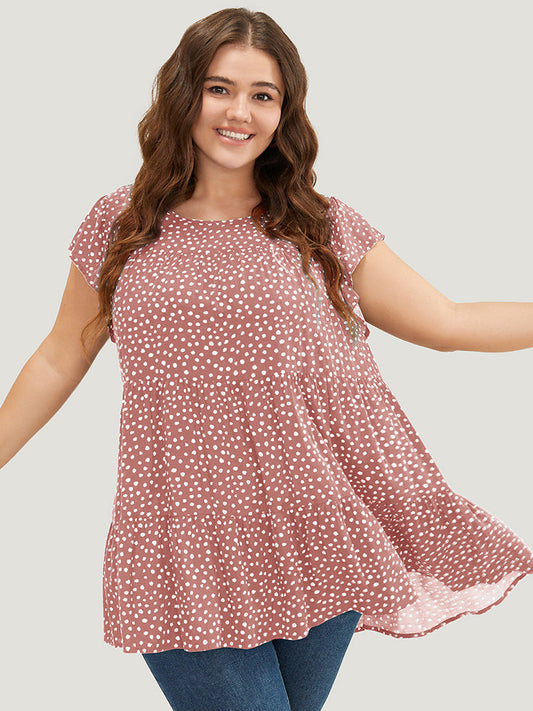 Allover Print Cap Sleeve Ruffle Hem Gathered Blouse