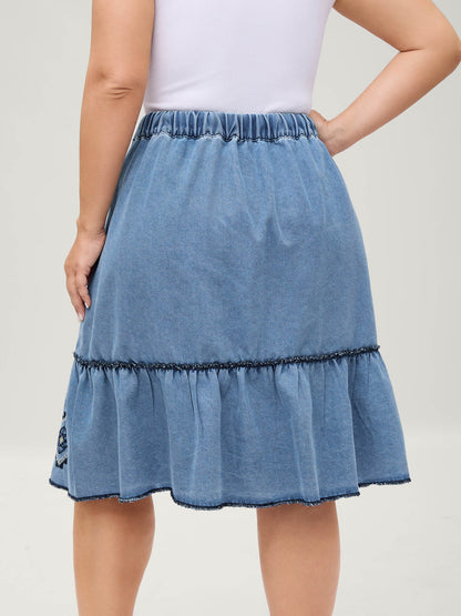 Boho Embroidery Ruffled Hem Denim Skirt