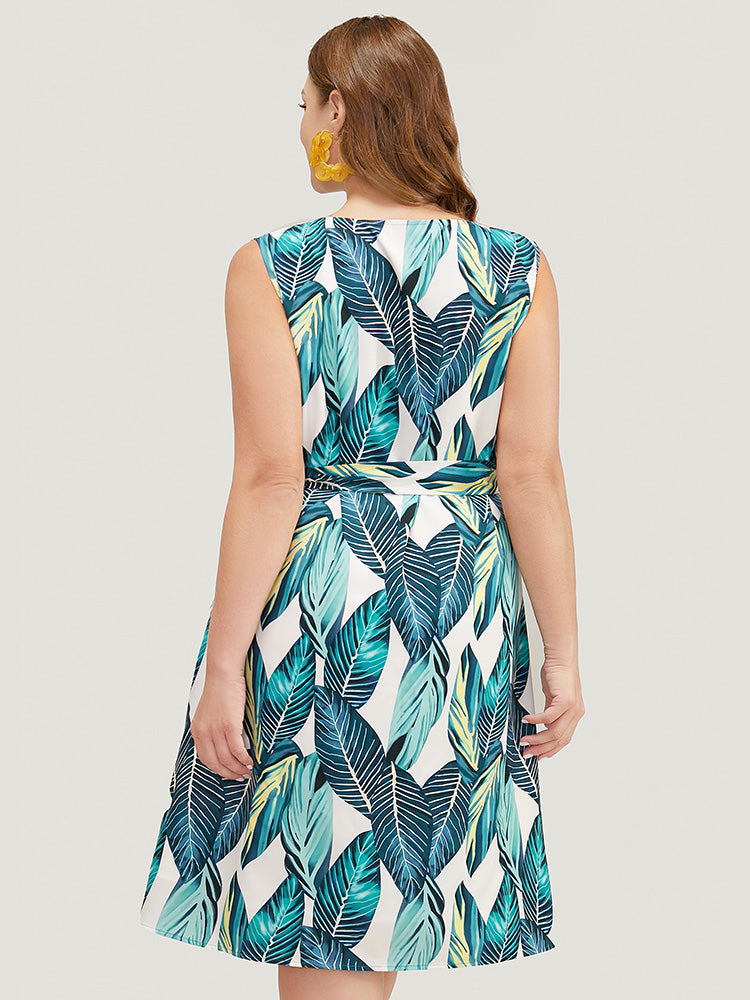 Tropical Print Pocket Belted Tank Dress