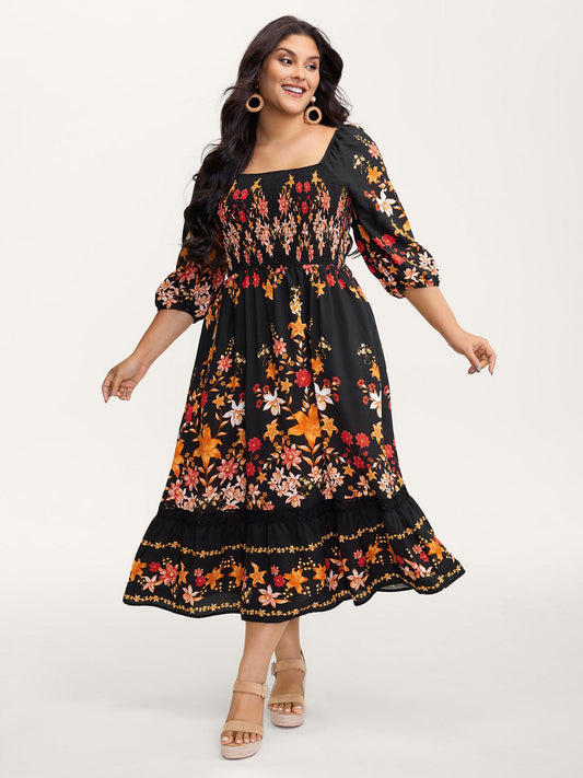 Floral Print Lace Trim Shirred Maxi Dress