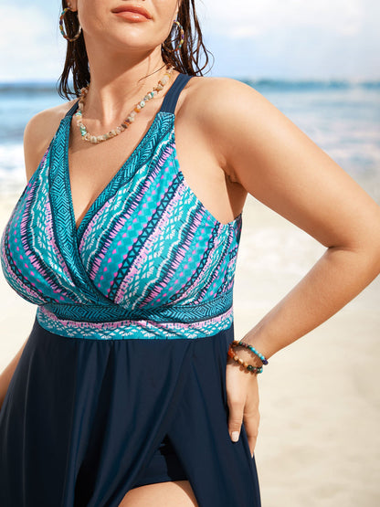 Overlap Collar Bandana Patchwork Split Hem Swim Dress