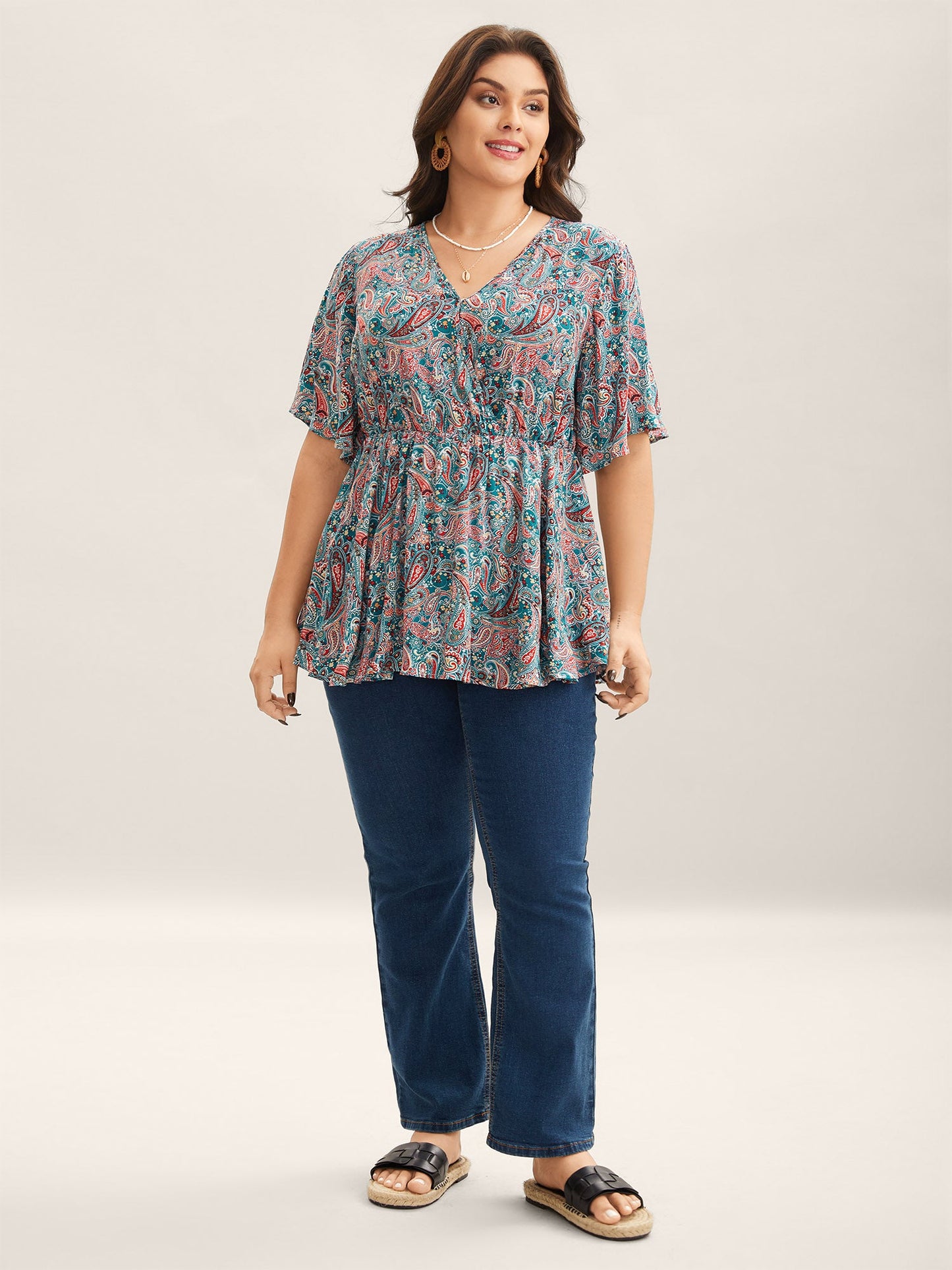 Paisley Print V-Neck Flared Sleeve Blouse