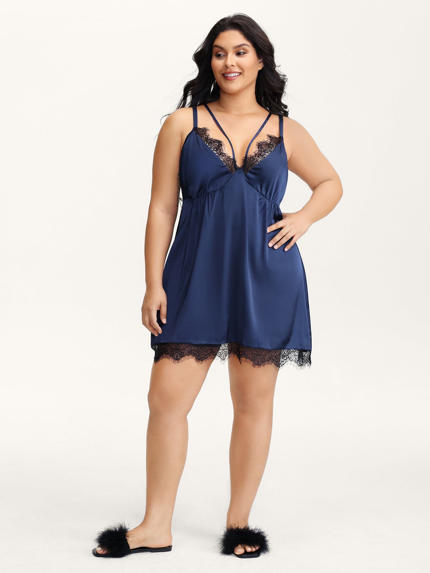 Color Contrast Lace Trim Deep Neck Sleep Dress