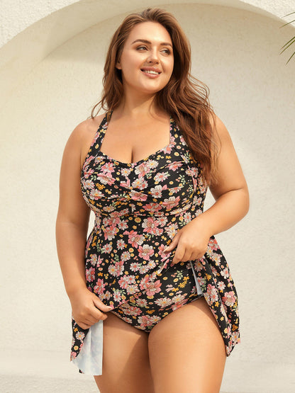 Twist Front Floral Print Pockets Swim Dress
