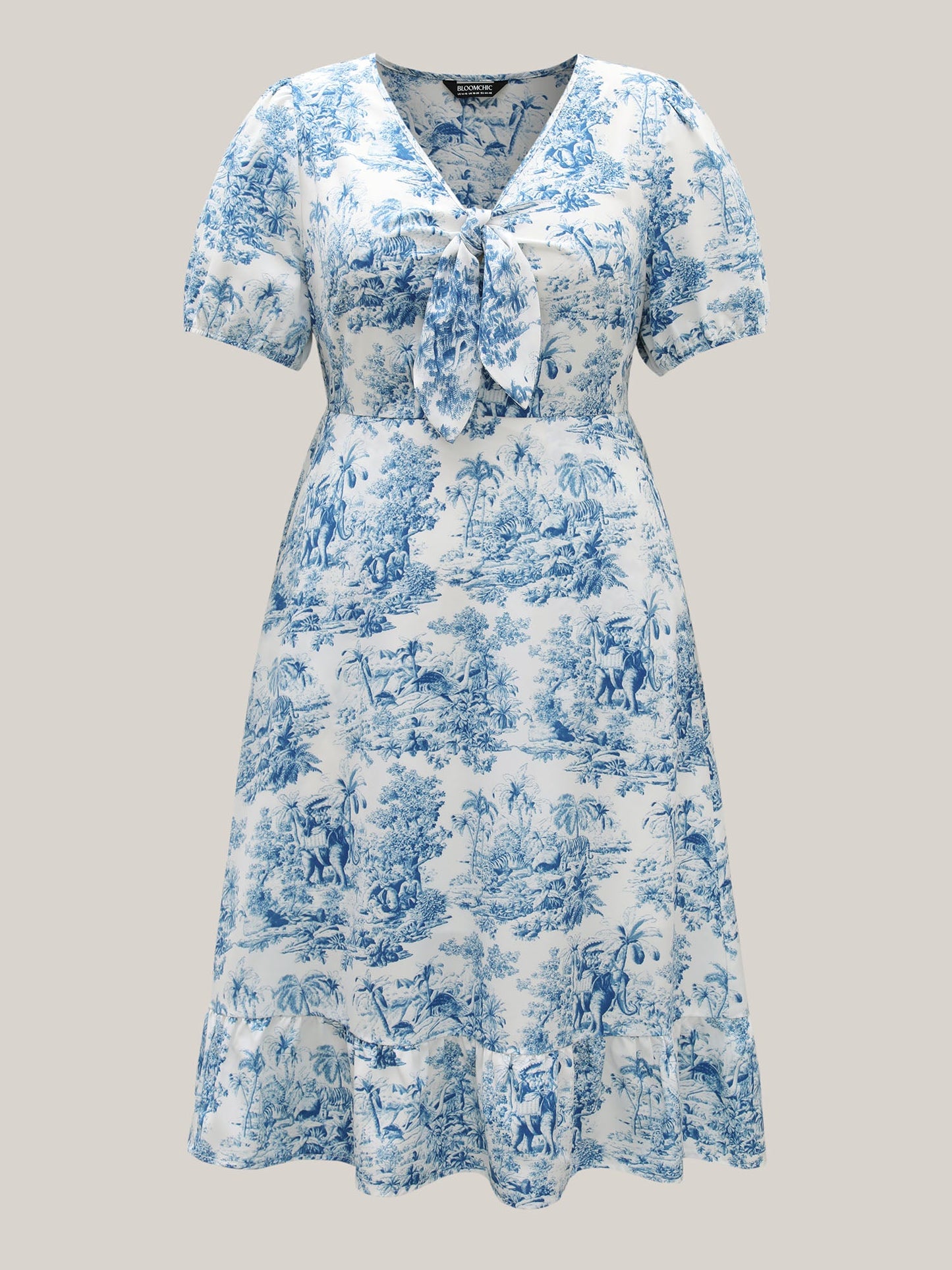Forest Print Knotted Front Pockets Midi Dress
