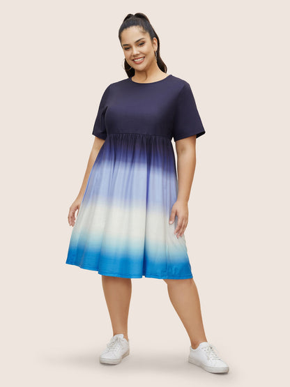 Ombre Tie Dye Round Neck Gathered Dress