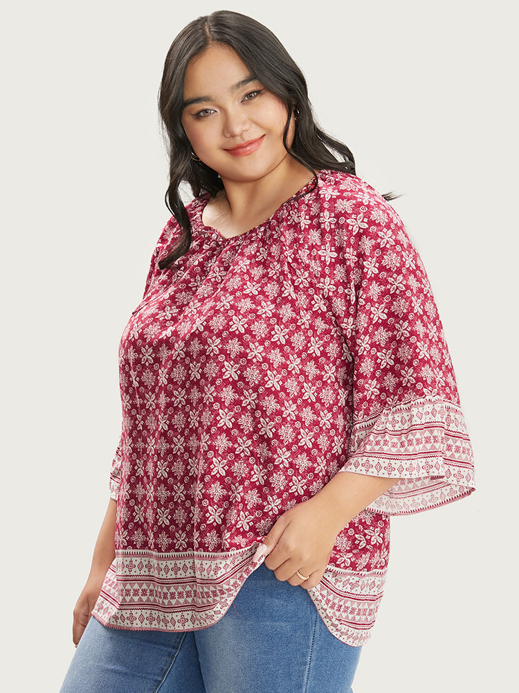 Floral Print Bell Sleeve Knotted Round Neck Blouse