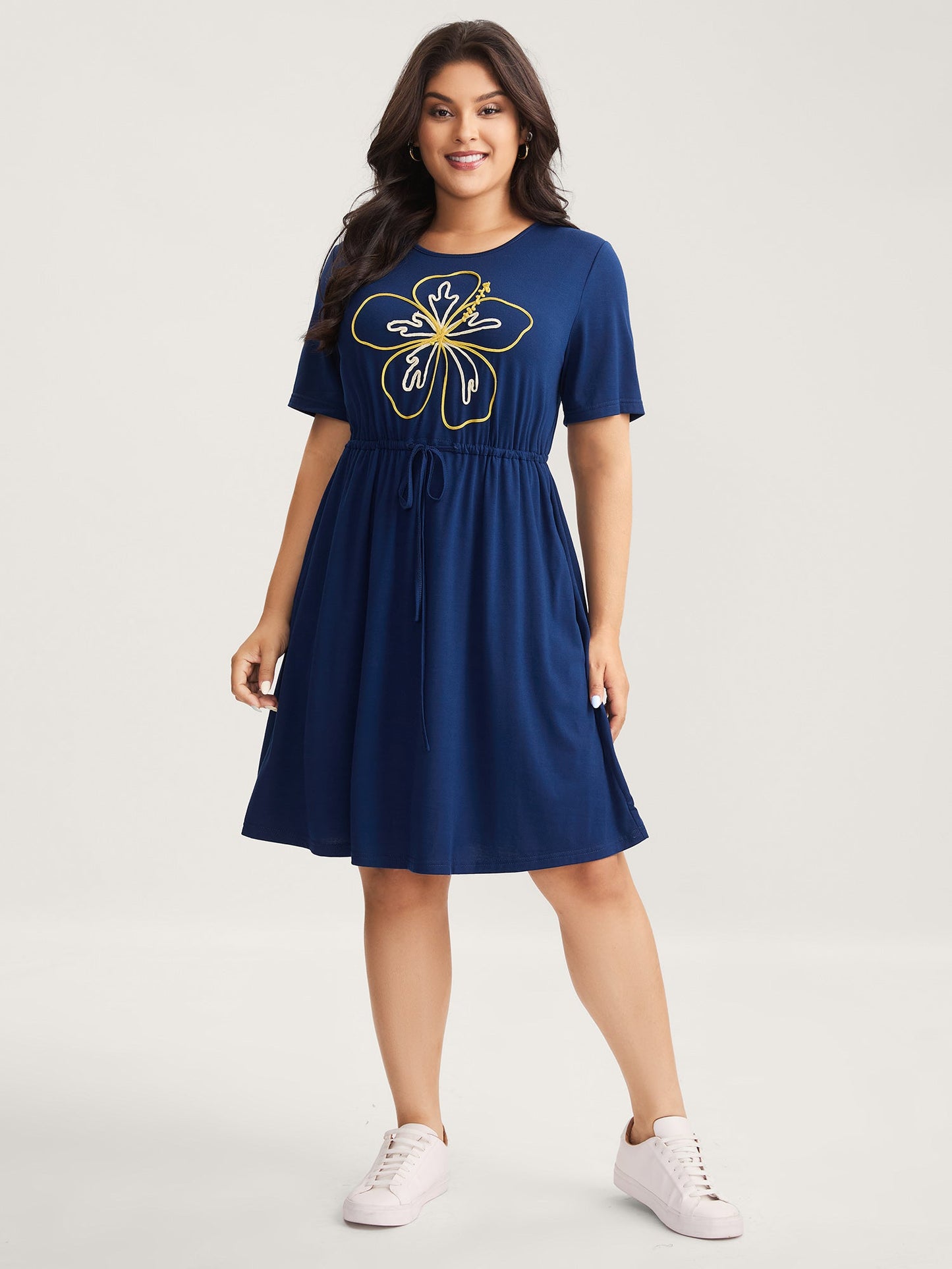 Supersoft Cord Embroidered Drawstring Midi Dress