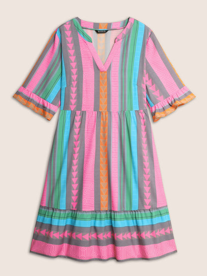 Notched Collar Geometric Striped Ruffle Sleeve Dress