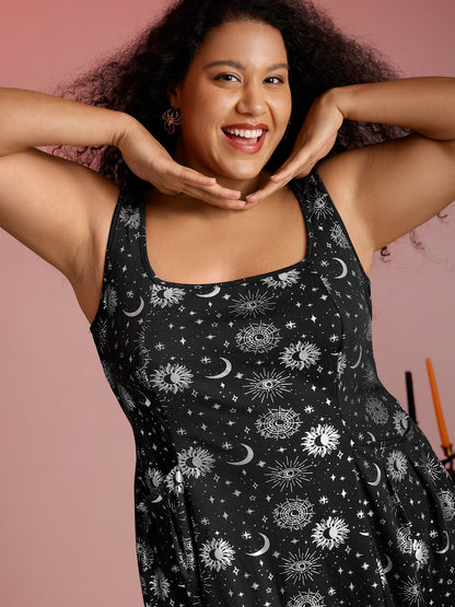 Star Moon Stretchy Square Neck Mini Dress