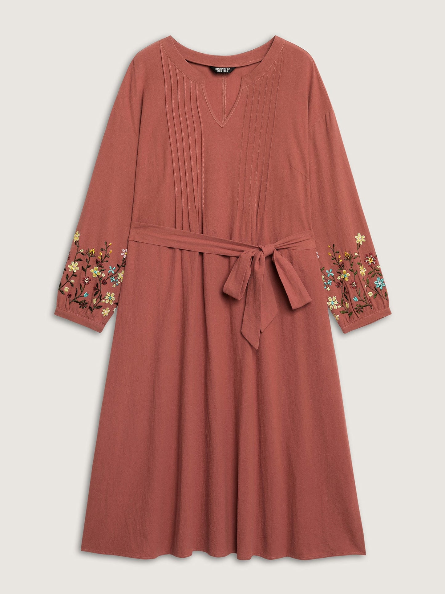 Cotton Embroidered Sleeve Waist-Tie Midi Dress