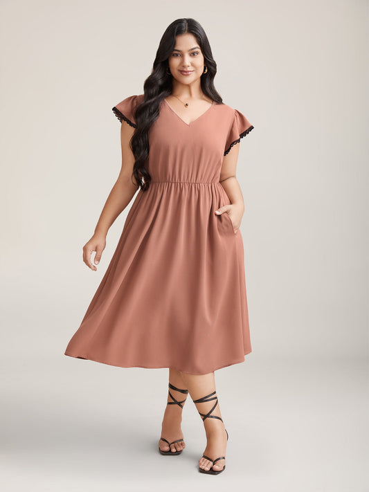 Contrast Lace Flutter Sleeve Breezy Midi Dress