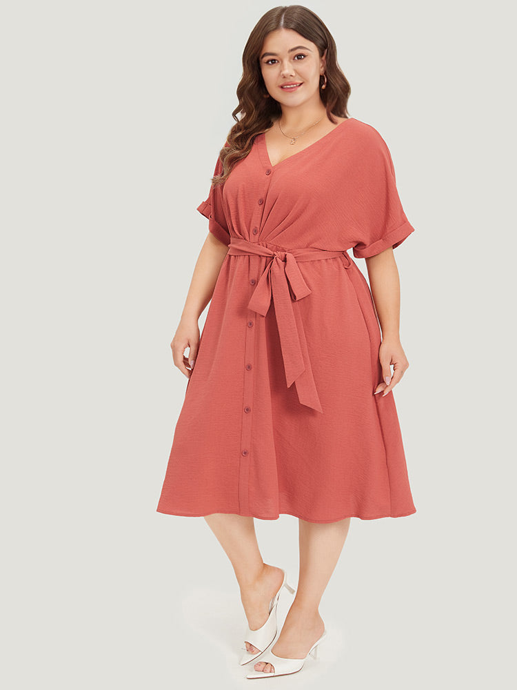 Solid Pocket Button Detail Ties Roll Sleeve Dress