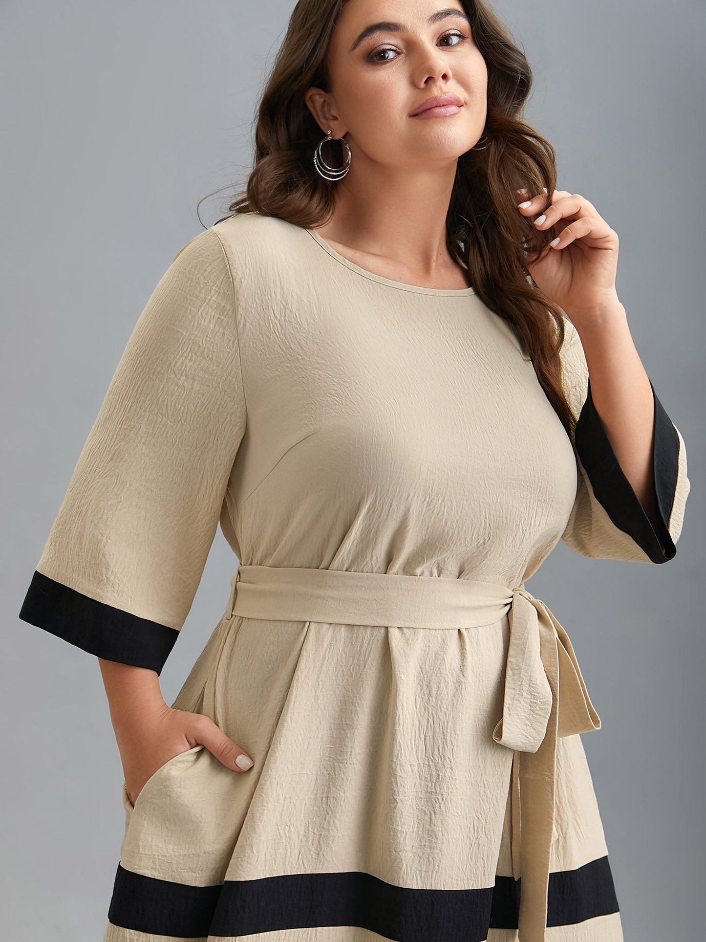 Color-Block Belted Pockets Midi Dress