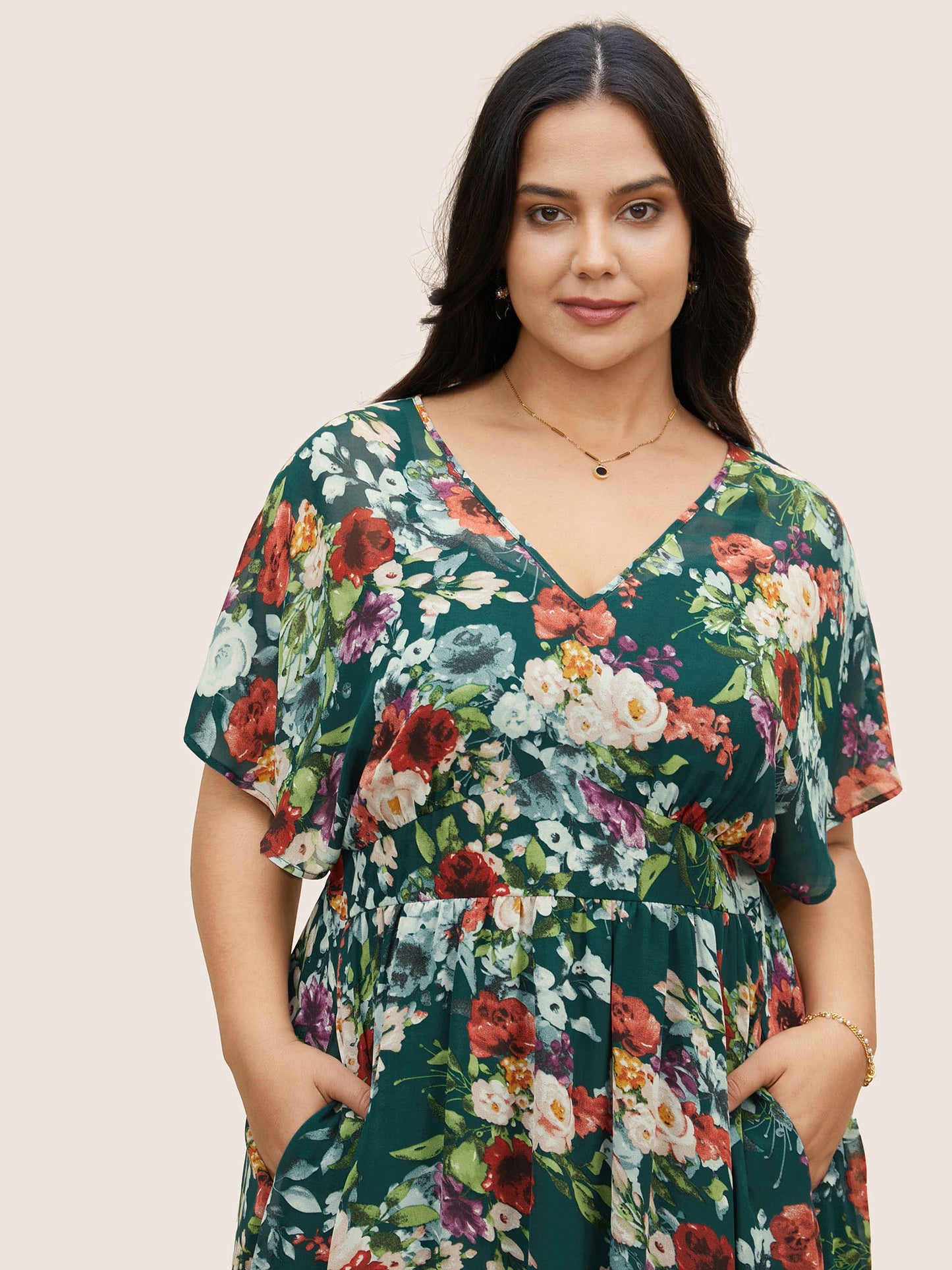 V Neck Chiffon Floral Dolman Sleeve Dress