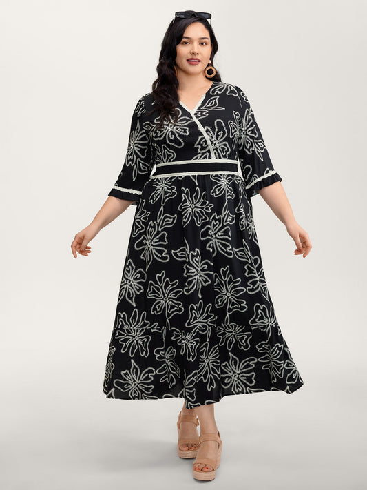 Floral Print Rayon Pockets Wrap Maxi Dress