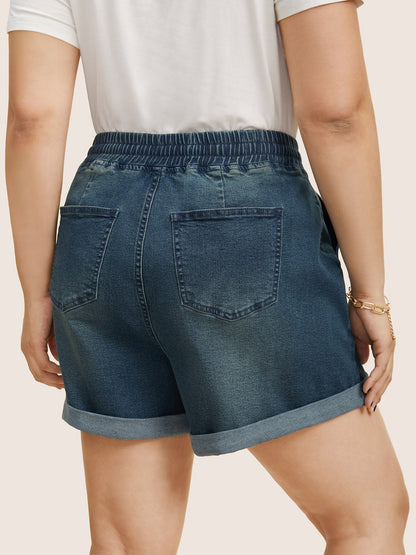 Dark Wash Roll Hem Drawstring Denim Shorts