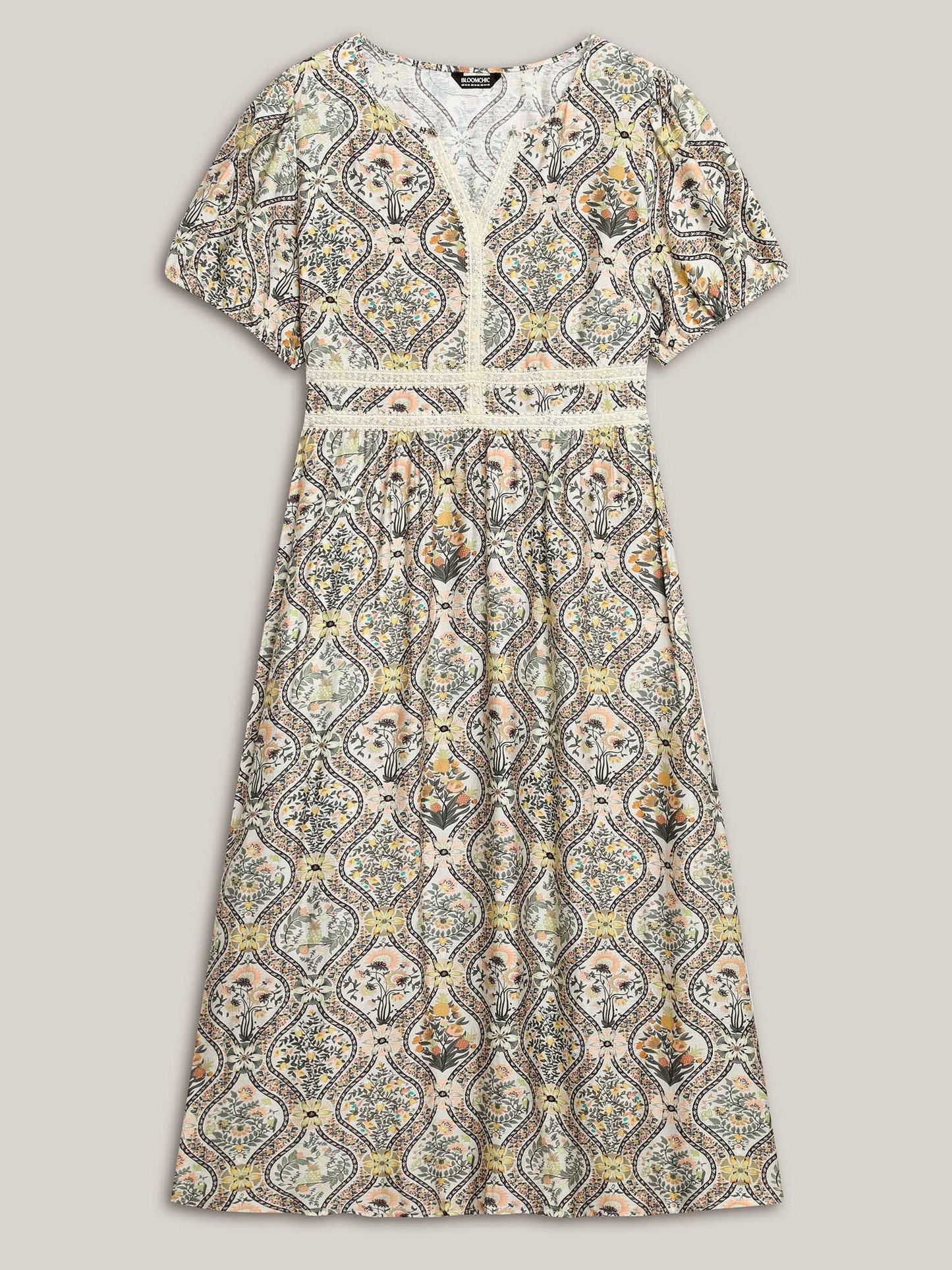 Ornate Print Lace Neck Midi Dress
