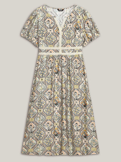 Ornate Print Lace Neck Midi Dress
