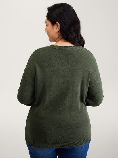 CableKnit Balloon Sleeve V-Neck Pullover