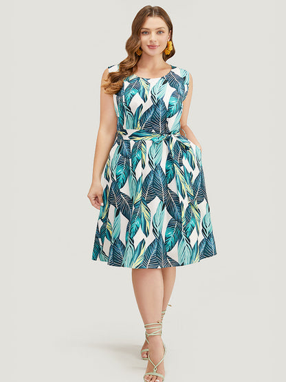 Tropical Print Pocket Belted Tank Dress
