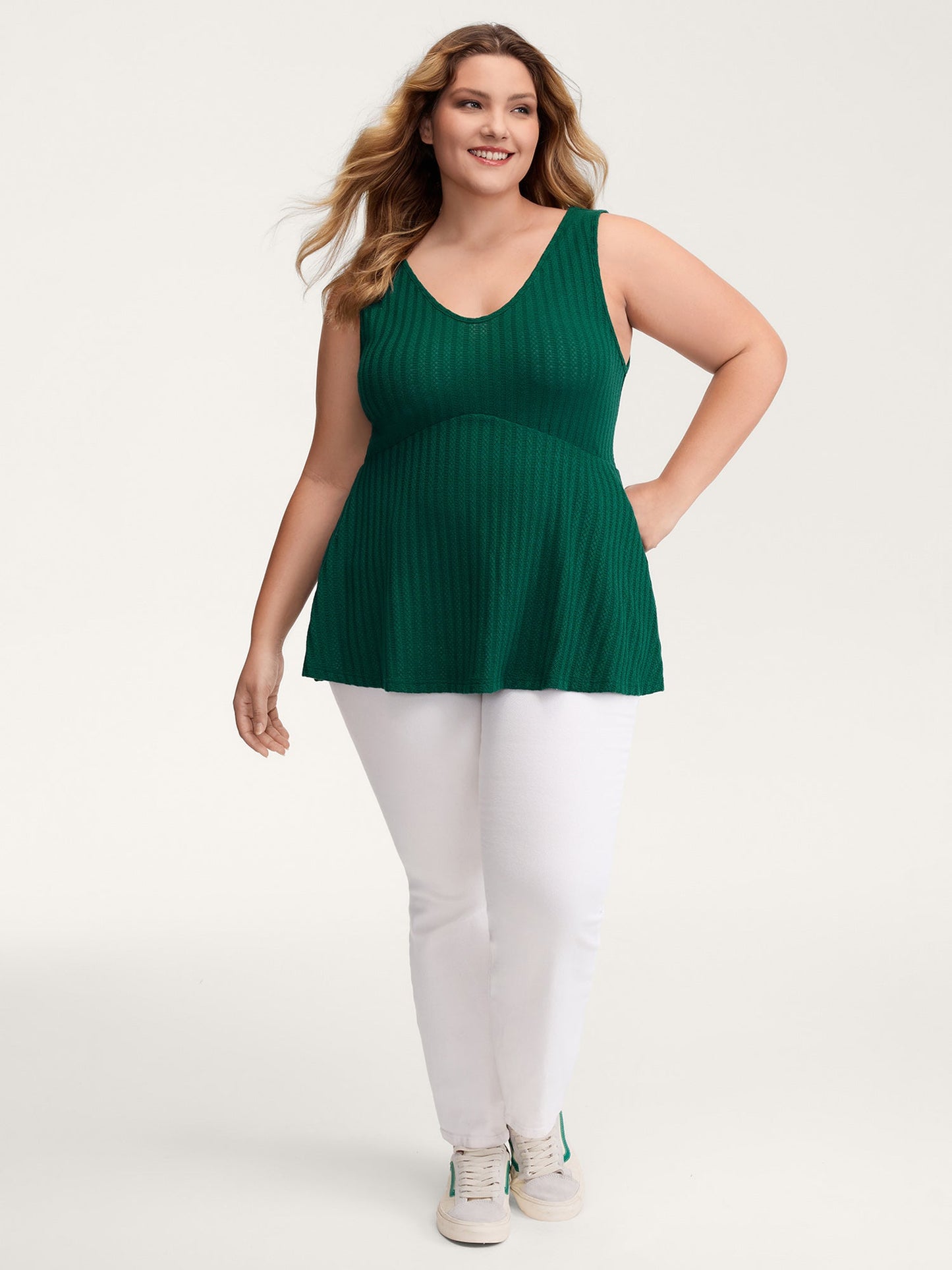 Textured Knit V-Neck Cinched-Waist Tank Top