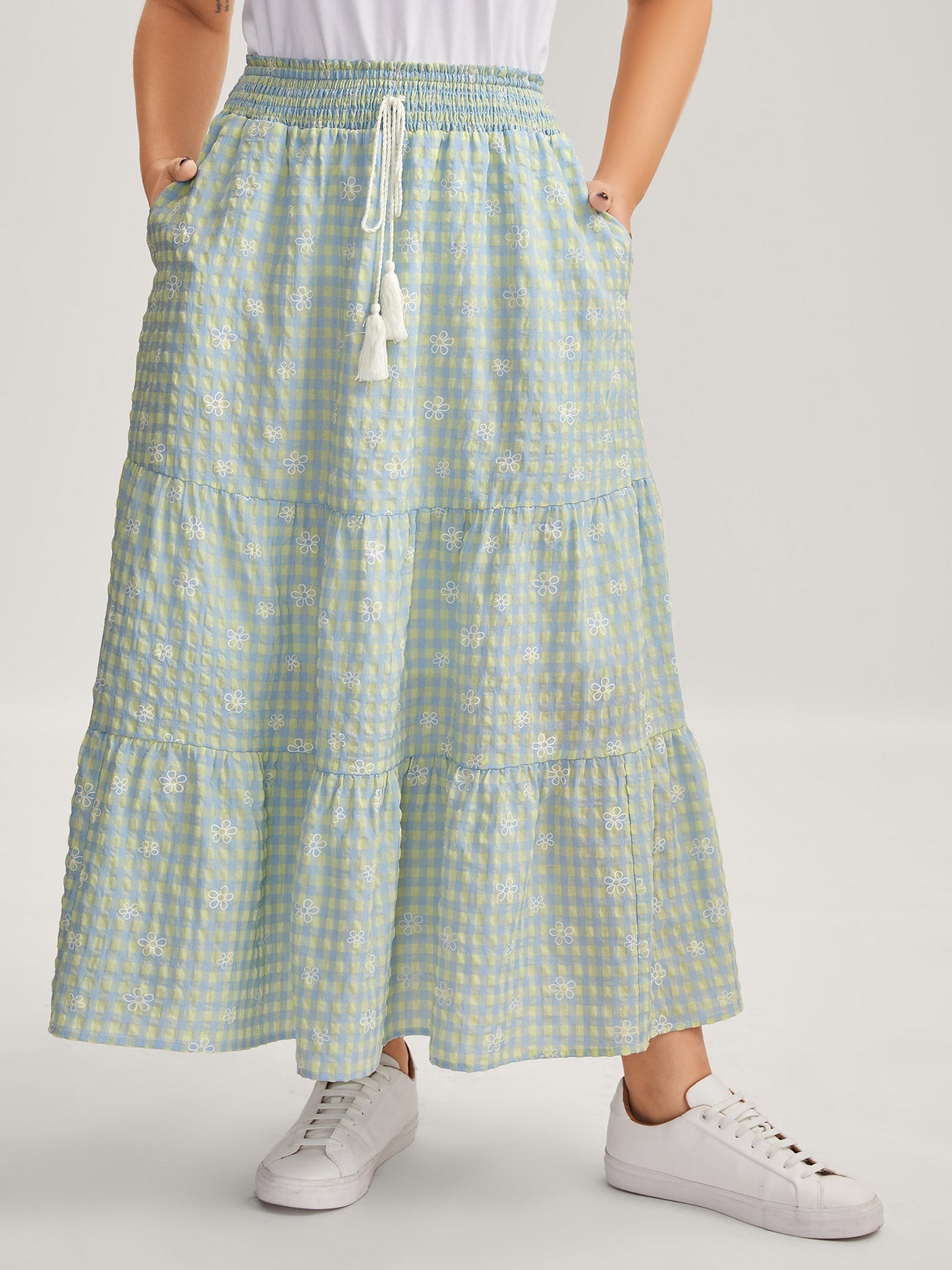 Plaid Floral Shirred Waist Maxi Skirt