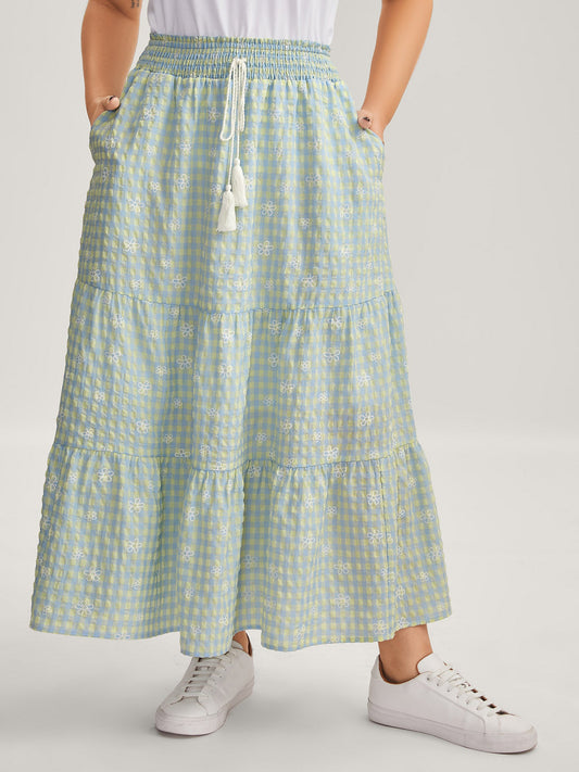 Plaid Floral Shirred Waist Maxi Skirt