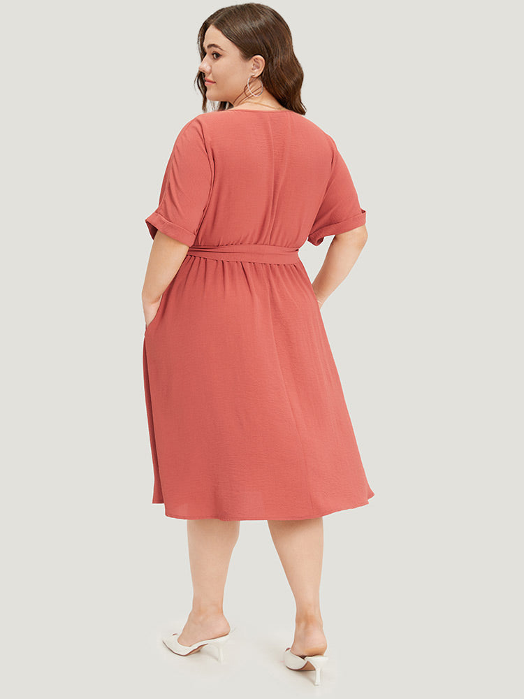 Solid Pocket Button Detail Ties Roll Sleeve Dress