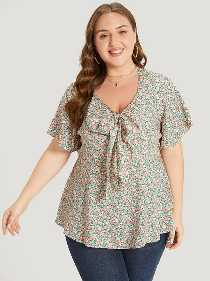 Ditsy Floral Knot V Neck Blouse