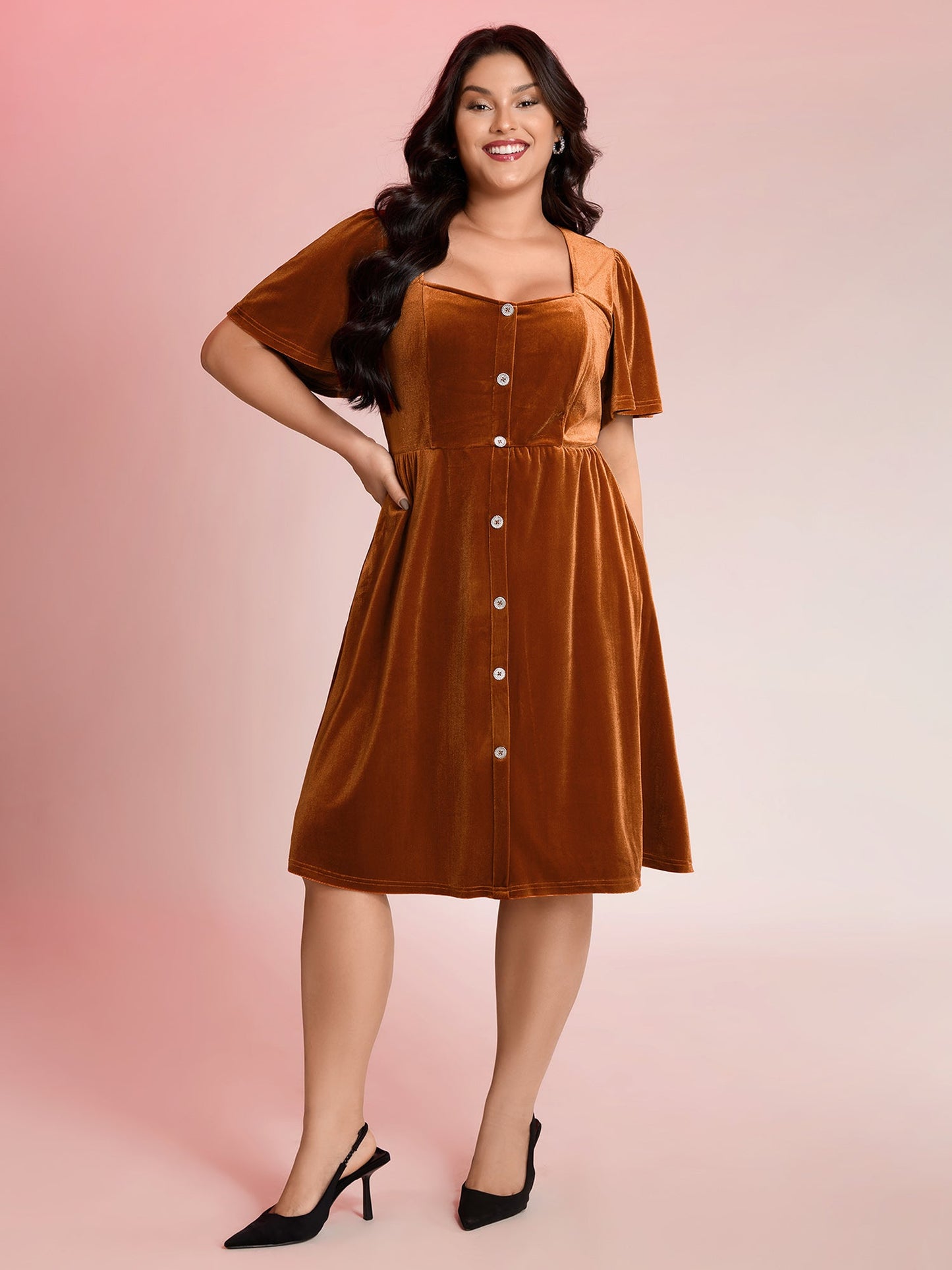 Velvet Button Pockets Flutter Sleeve Midi Dress