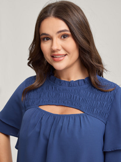 Shirred Cut-Out Neckline Layered Sleeve Blouse