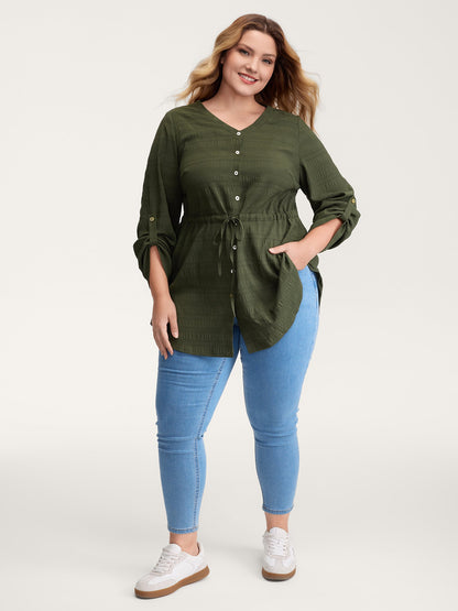 Textured Tab Sleeve Waist Drawstring Blouse