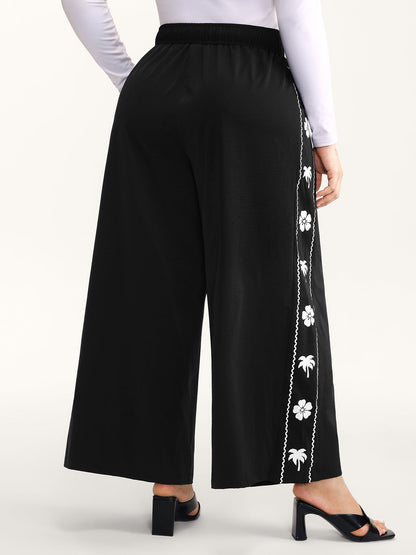 Floral Side Drawstring Wide-Leg Pants