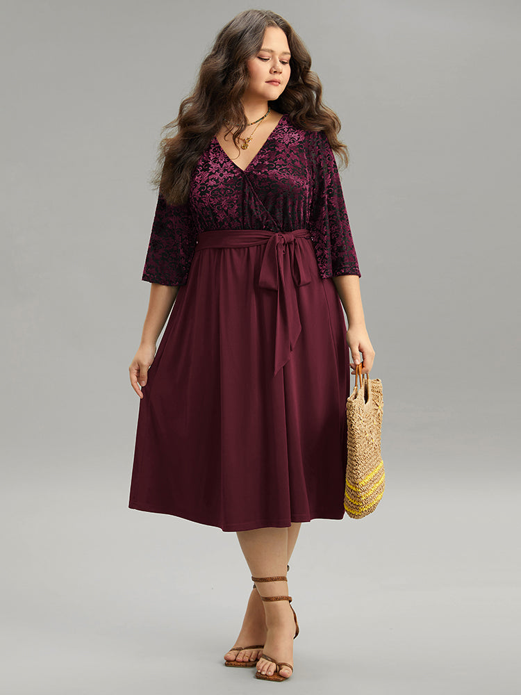 Silhouette Floral Print Belted Patchwork Velvet Dress
