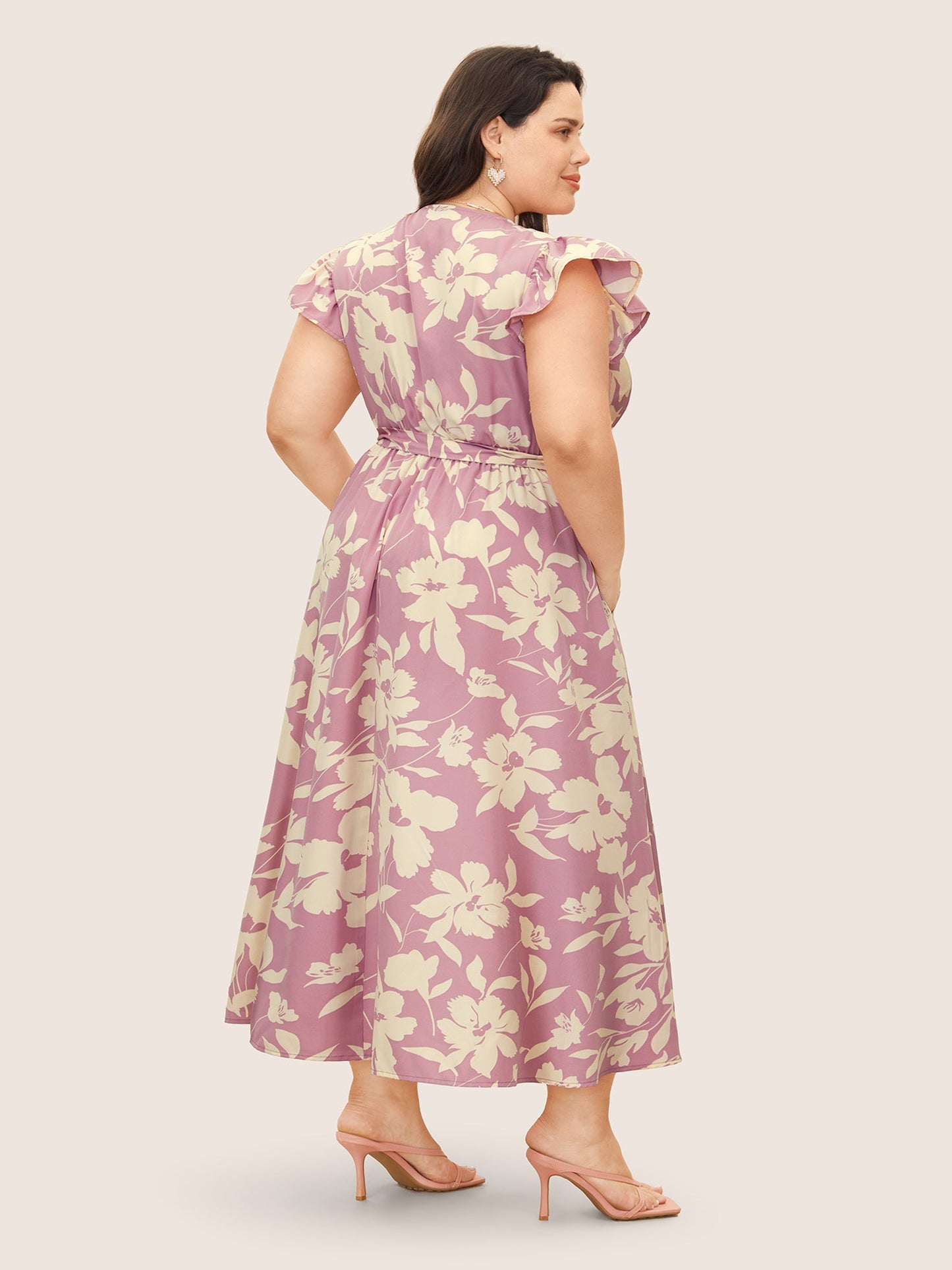 Silhouette Floral Print Wrap Ruffle Cap Sleeve Dress