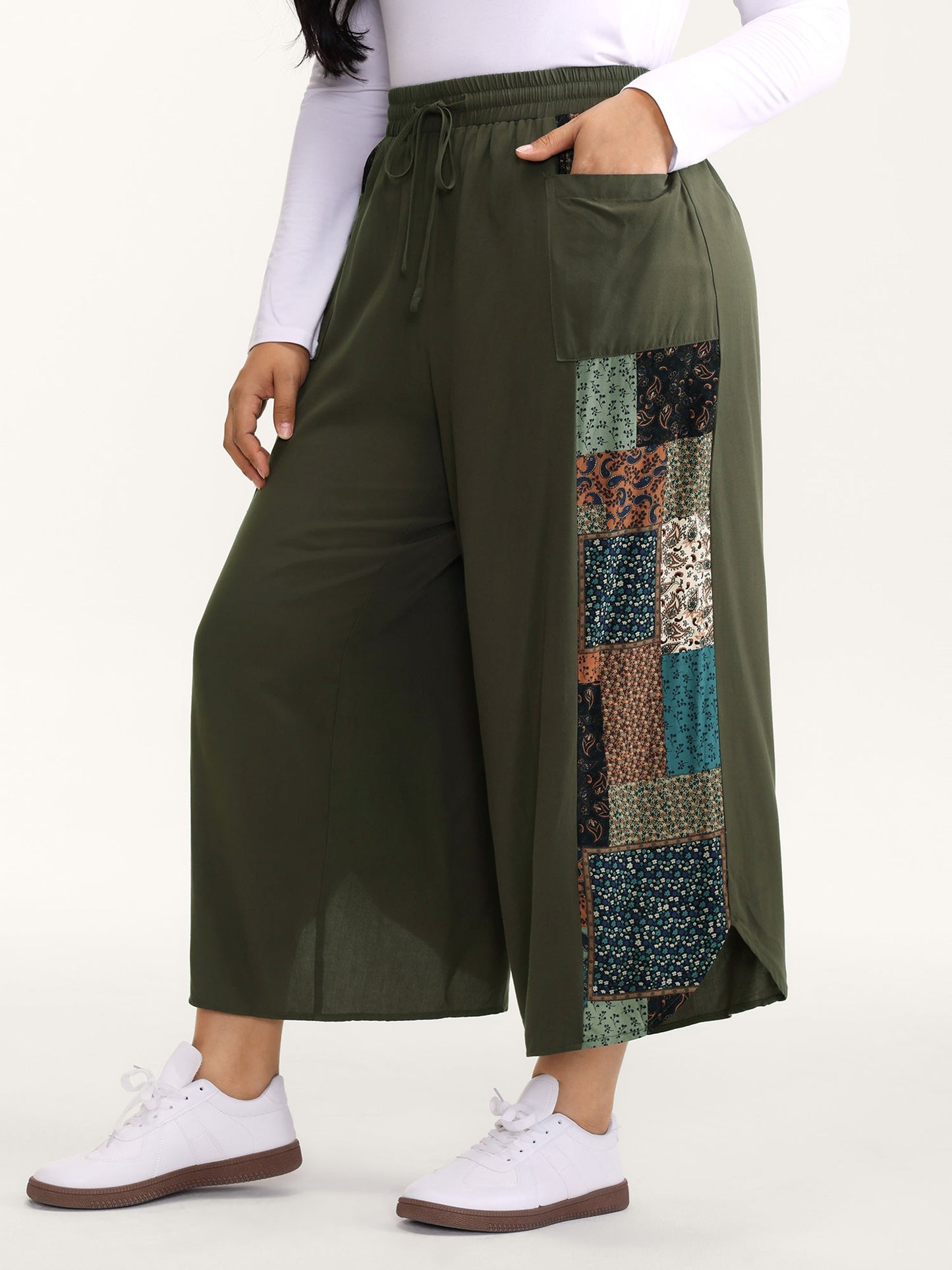 Patch Print Drawstring Wide-Leg Pants