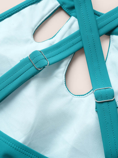 Solid Cut Out Gathered Adjustable Straps Swim Top