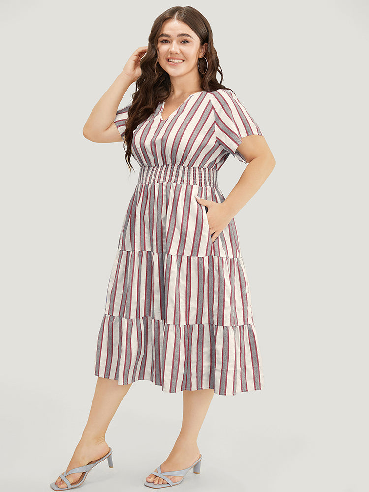 Striped Contrast Pocket Shirred Flutter Tiered Dress