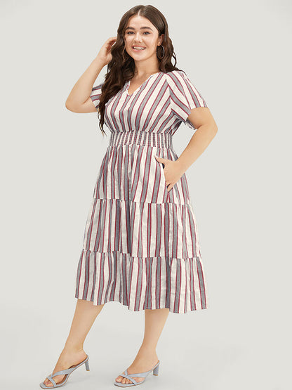 Striped Contrast Pocket Shirred Flutter Tiered Dress