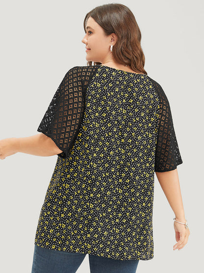 Ditsy Floral Lace Raglan Sleeve  Blouse