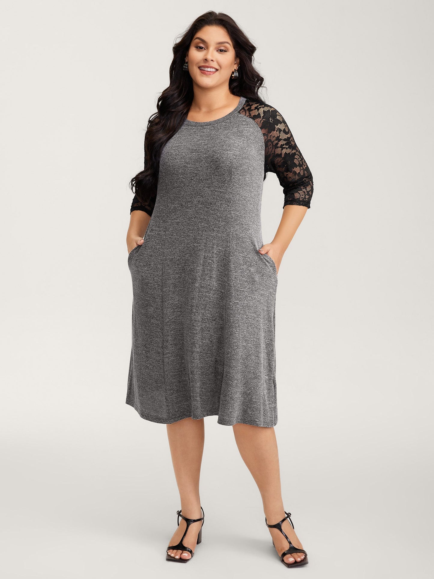 Supersoft Lace Sleeve Cinched-Waist Midi Dress