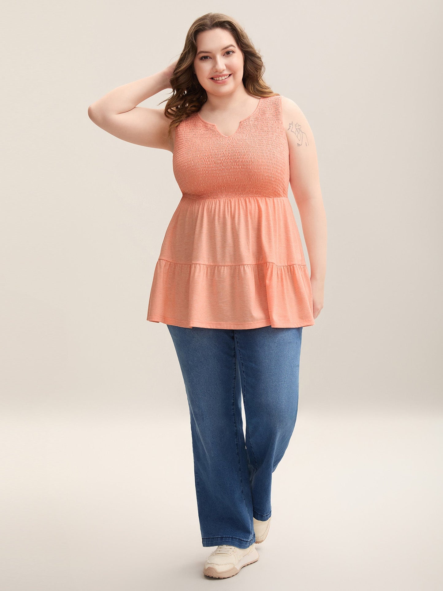 Shirred Bodice Spliced Tiered Sleeveless Top