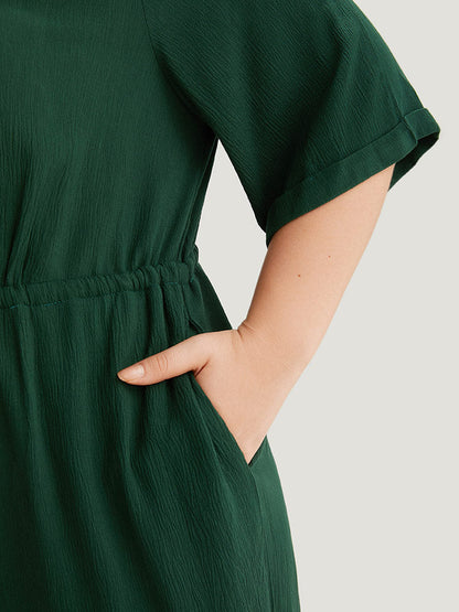 Plain Textured V Neck Pocket Button Through Drawstring Jumpsuit
