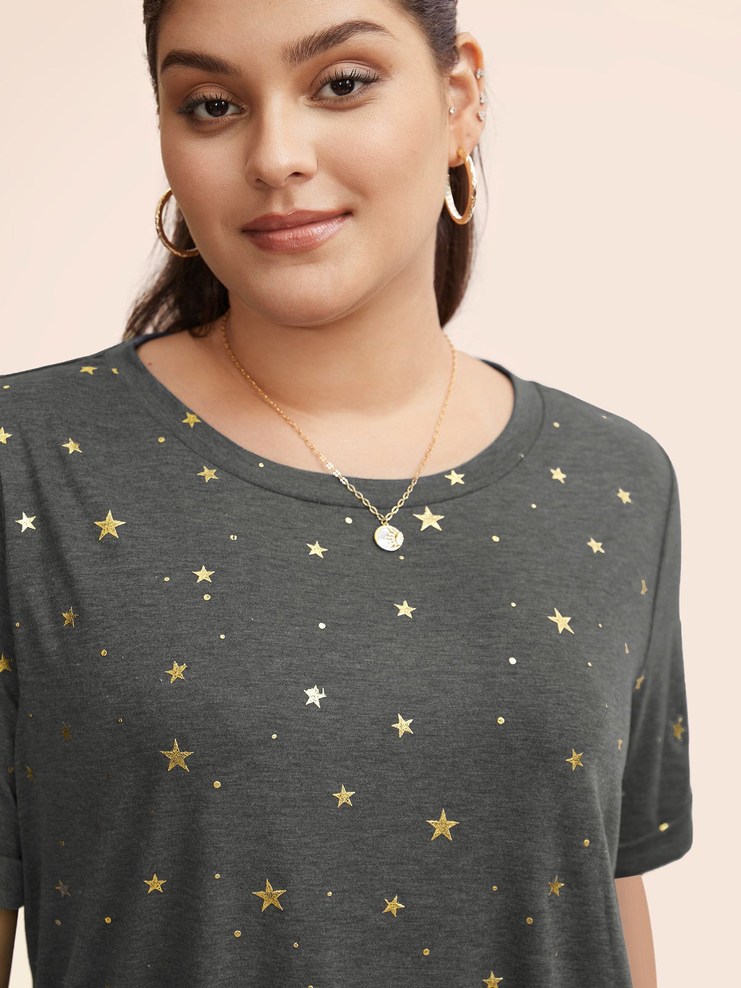 Star Glitter Cuffed Sleeve Crew Neck T-shirt