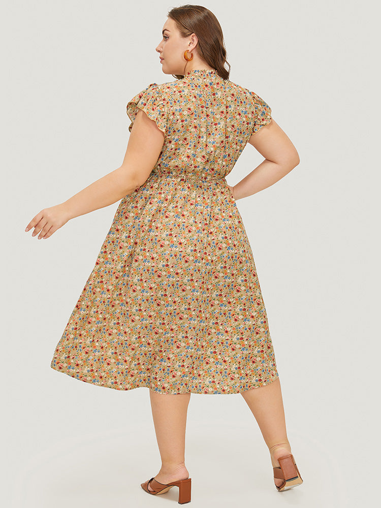 Ditsy Floral Ruffle Sleeve Pocket Frill Trim Mock Neck Dress