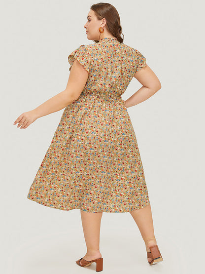 Ditsy Floral Ruffle Sleeve Pocket Frill Trim Mock Neck Dress