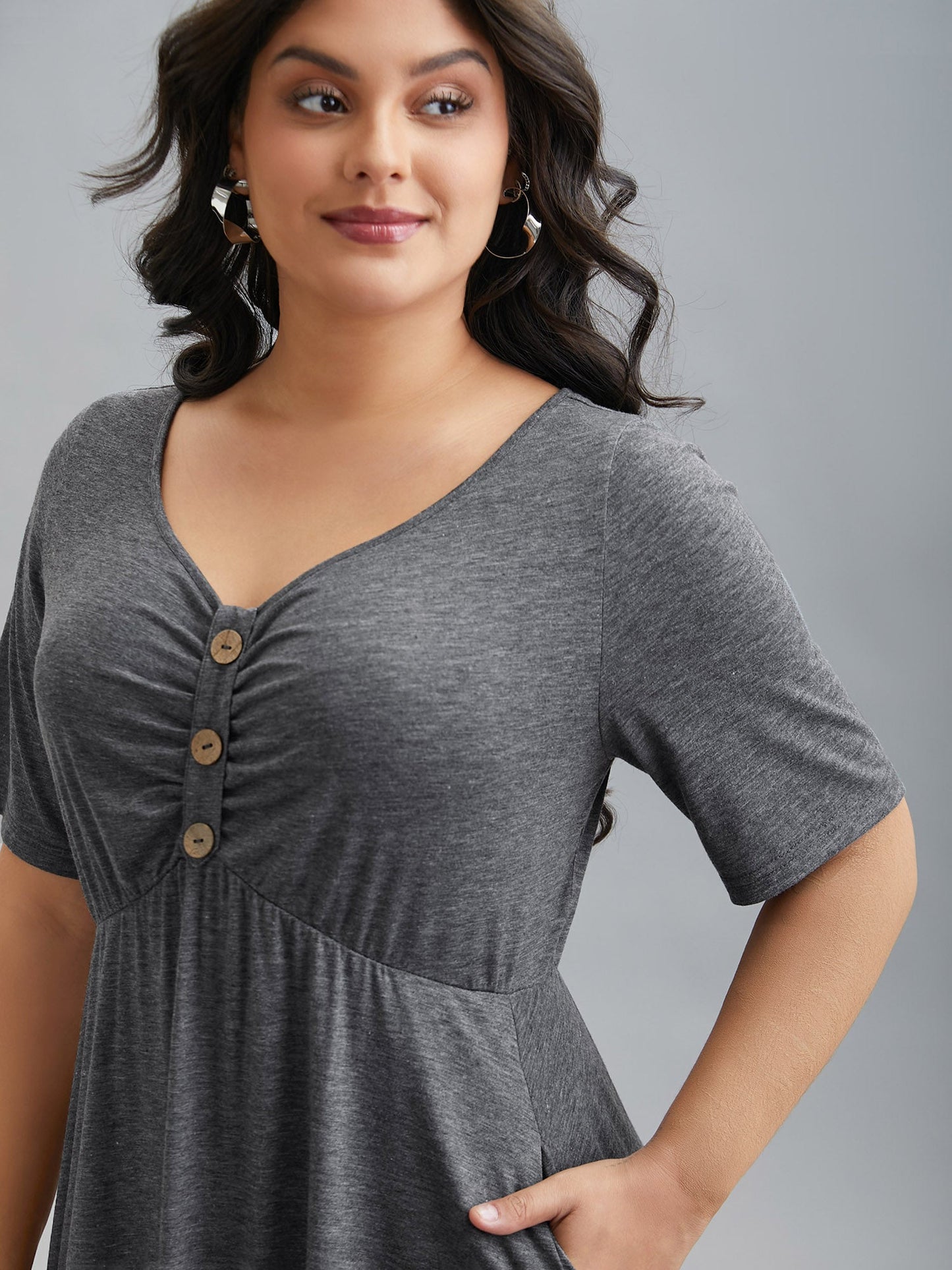 Gathered Button Detail Plain Knit Dress