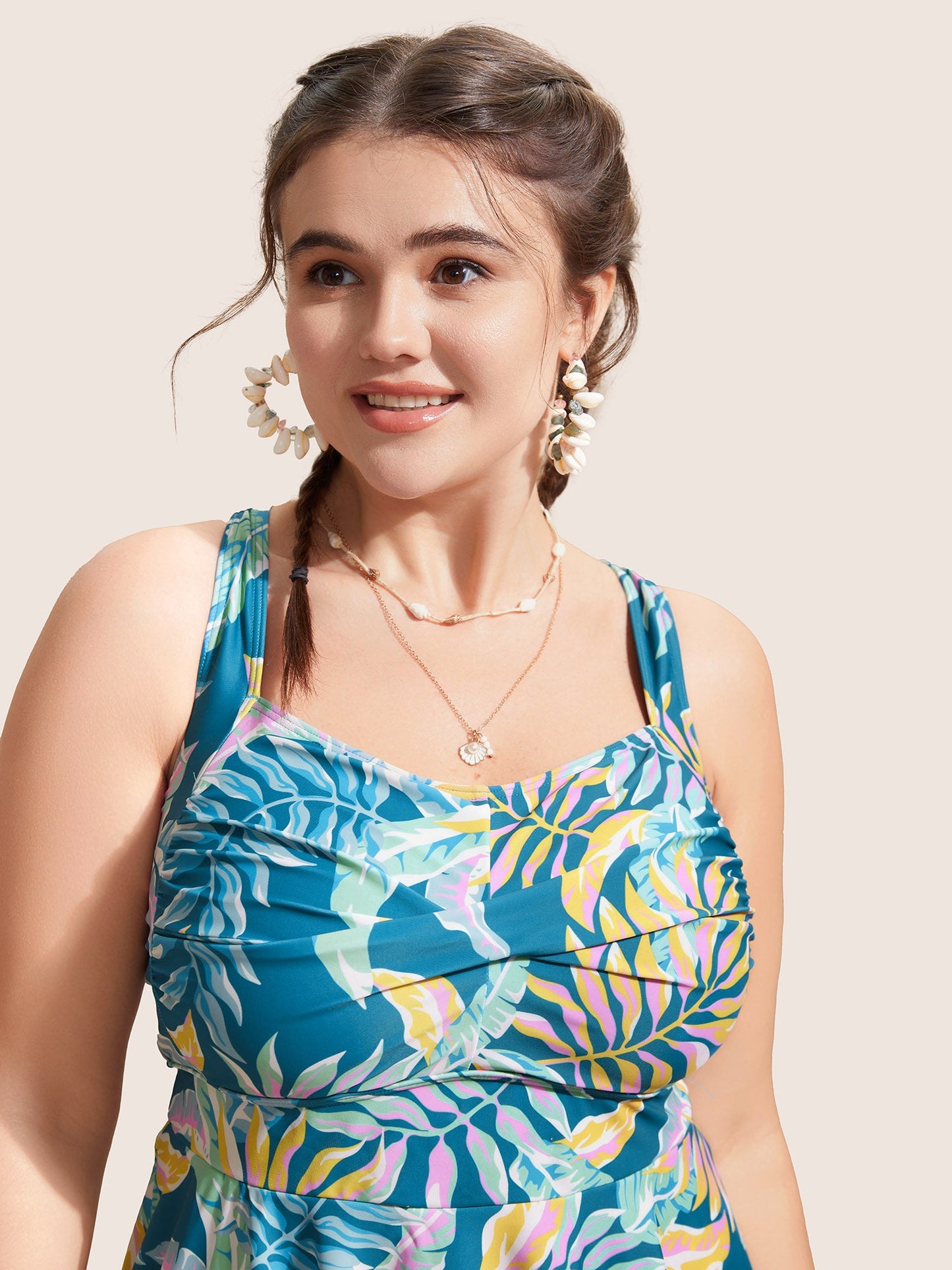 Heart Neckline Tropical Print Twist Front Swim Dress